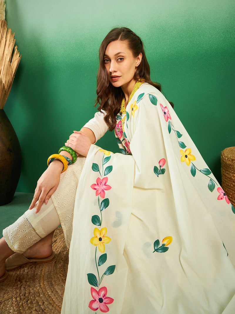 Off White Hand Printed Schiffli Pure Cotton Kurta With Trousers & Dupatta Kurta Set