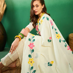 Off White Hand Printed Schiffli Pure Cotton Kurta With Trousers & Dupatta Kurta Set