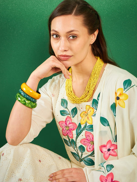 Off White Hand Printed Schiffli Pure Cotton Kurta With Trousers & Dupatta Kurta Set