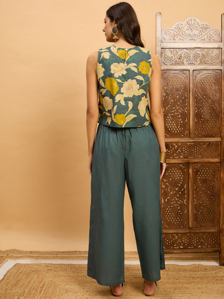 Floral Printed Round Neck Sleeveless Pure Cotton Top & Trousers