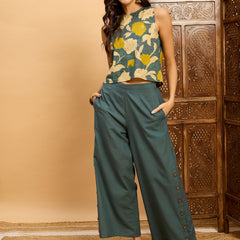 Floral Printed Round Neck Sleeveless Pure Cotton Top & Trousers