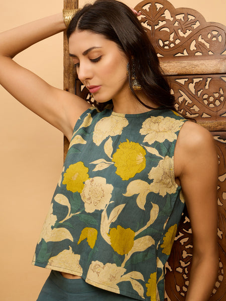 Floral Printed Round Neck Sleeveless Pure Cotton Top & Trousers