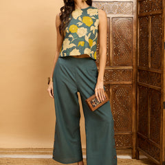 Floral Printed Round Neck Sleeveless Pure Cotton Top & Trousers