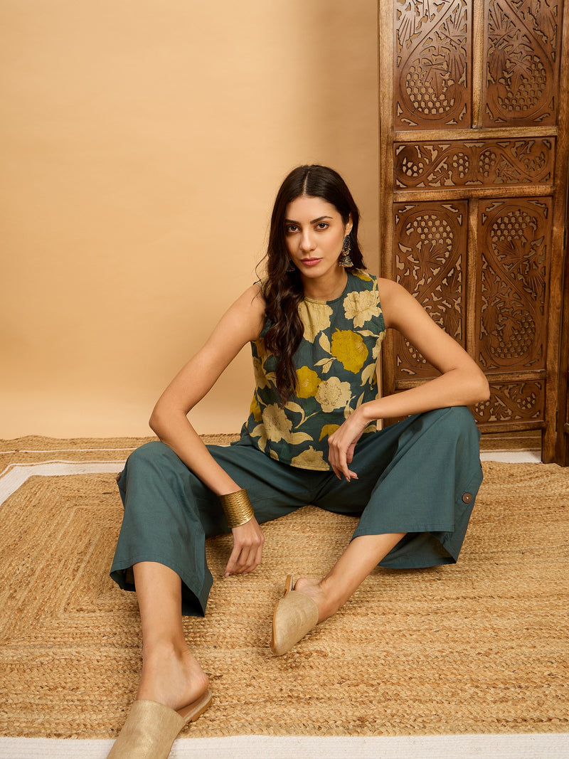 Floral Printed Round Neck Sleeveless Pure Cotton Top & Trousers