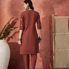 Rust Floral Embroidered Kurta With Trouser  Kurta Set