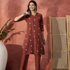 Rust Floral Embroidered Kurta With Trouser  Kurta Set