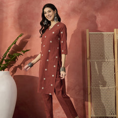 Rust Floral Embroidered Kurta With Trouser  Kurta Set