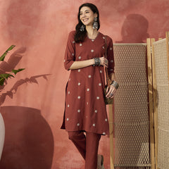 Rust Floral Embroidered Kurta With Trouser  Kurta Set