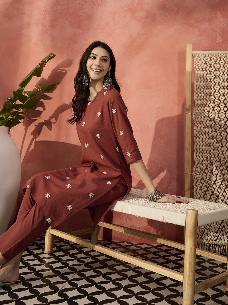 Rust Floral Embroidered Kurta With Trouser  Kurta Set