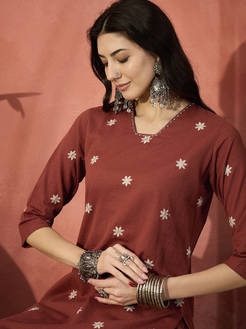 Rust Floral Embroidered Kurta With Trouser  Kurta Set