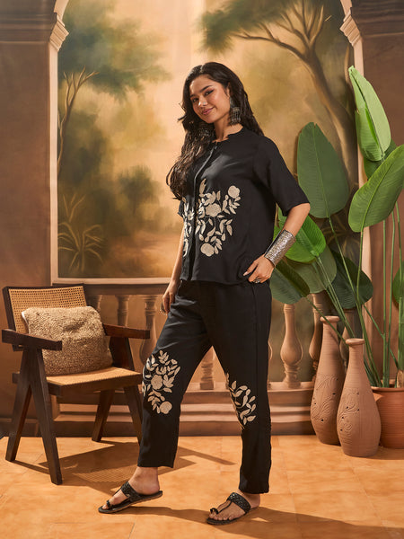 Floral Embroidered Mandarin Collar Tunic With Trouser Co-Ords