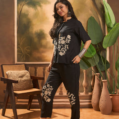 Black Floral Embroidered Shirt With Trouser  Co-Ords Set