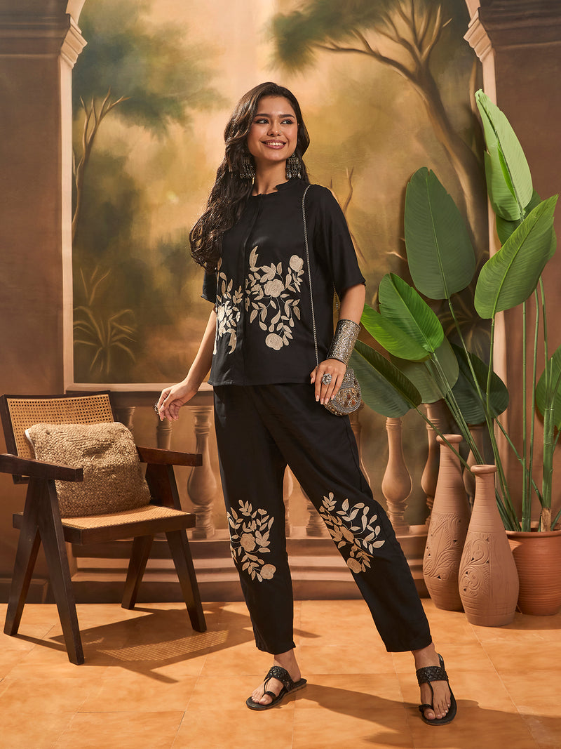 Black Floral Embroidered Shirt With Trouser  Co-Ords Set