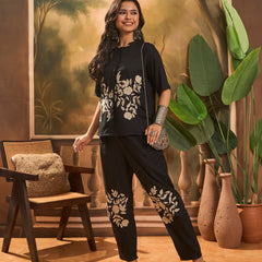 Black Floral Embroidered Shirt With Trouser  Co-Ords Set