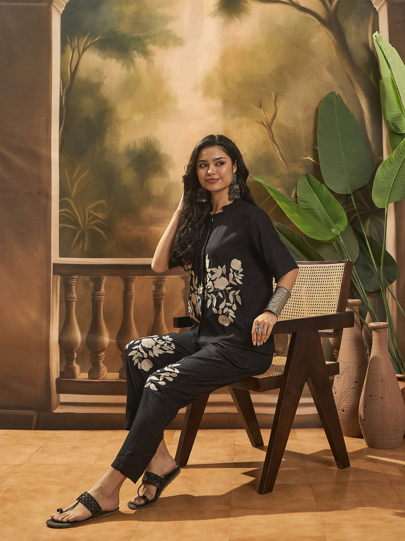 Black Floral Embroidered Shirt With Trouser  Co-Ords Set