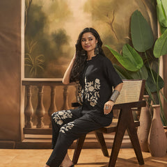 Black Floral Embroidered Shirt With Trouser  Co-Ords Set
