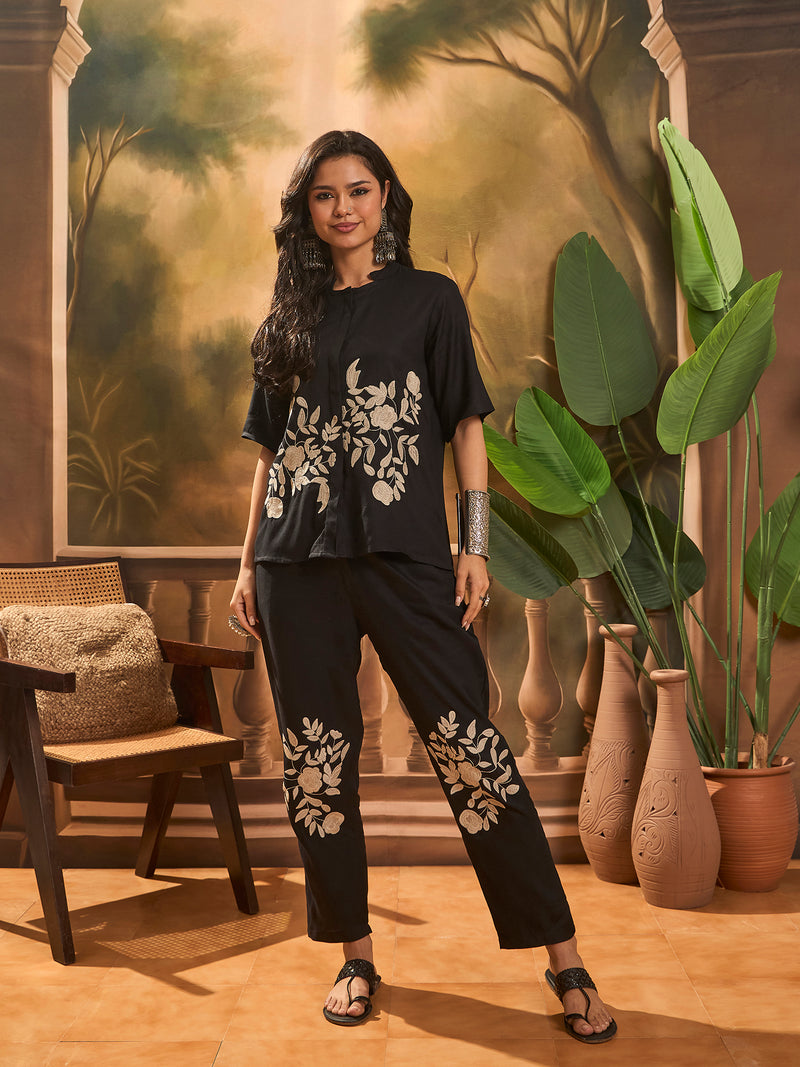 Black Floral Embroidered Shirt With Trouser  Co-Ords Set