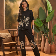Black Floral Embroidered Shirt With Trouser  Co-Ords Set