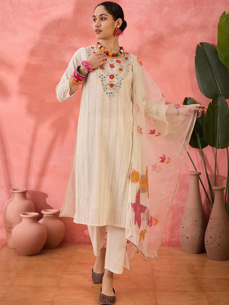 Floral Embroidered Pure Cotton Kurta with Trousers & Dupatta Kurta Set