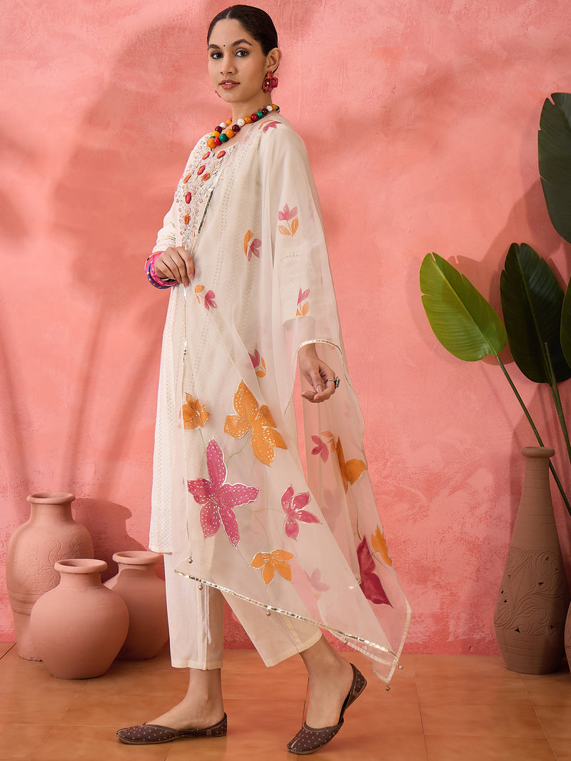 Floral Embroidered Pure Cotton Kurta with Trousers & Dupatta Kurta Set