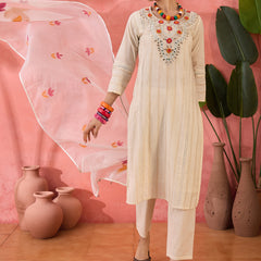 Floral Embroidered Pure Cotton Kurta with Trousers & Dupatta Kurta Set