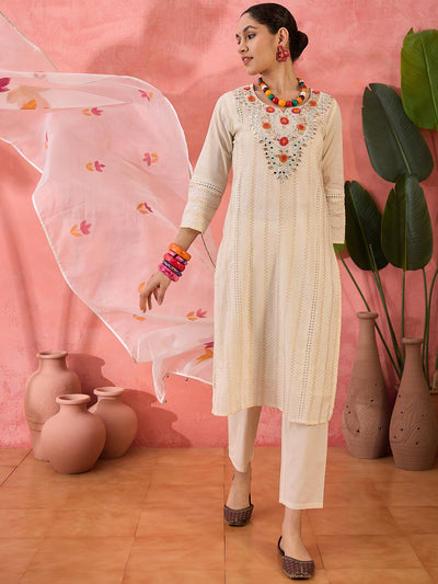 Floral Embroidered Pure Cotton Kurta with Trousers & Dupatta Kurta Set