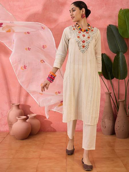 Floral Embroidered Pure Cotton Kurta with Trousers & Dupatta Kurta Set