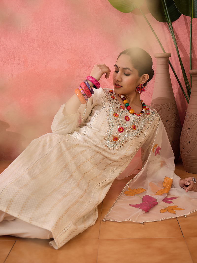 Floral Embroidered Pure Cotton Kurta with Trousers & Dupatta Kurta Set