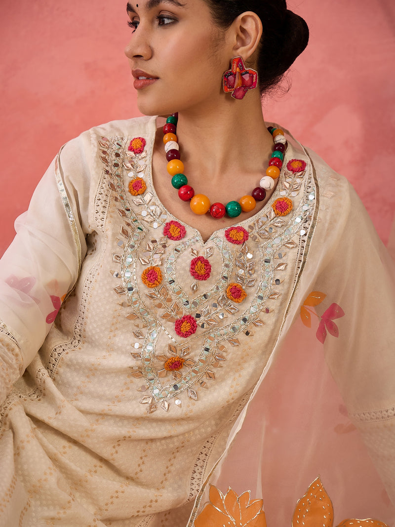 Floral Embroidered Pure Cotton Kurta with Trousers & Dupatta Kurta Set