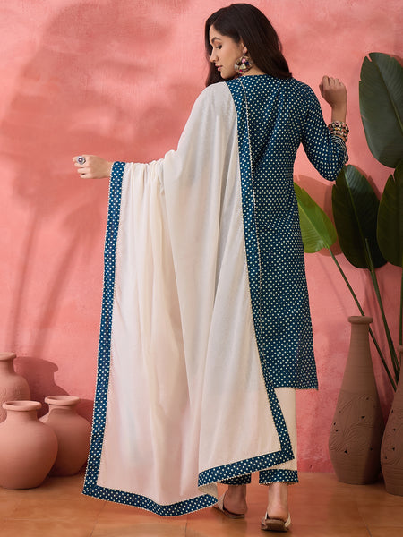 Women Floral Printed Pure Cotton Kurta With Trouser & Dupatta