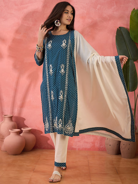 Women Floral Printed Pure Cotton Kurta With Trouser & Dupatta
