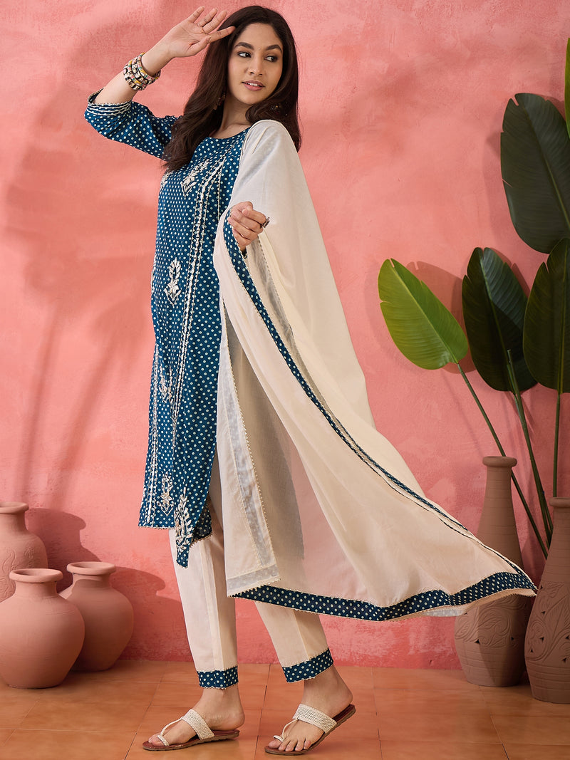 Women Floral Printed Pure Cotton Kurta With Trouser & Dupatta