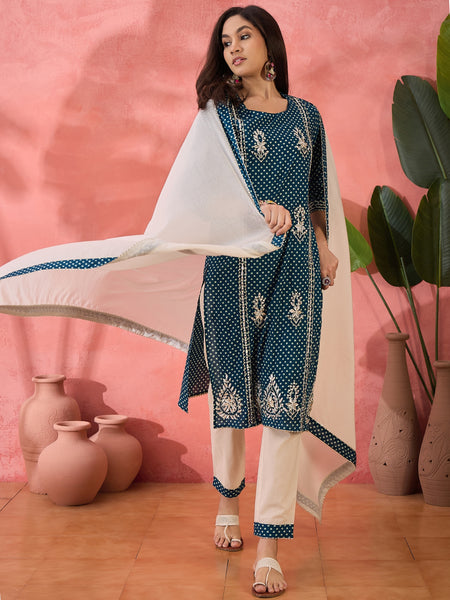 Women Floral Printed Pure Cotton Kurta With Trouser & Dupatta