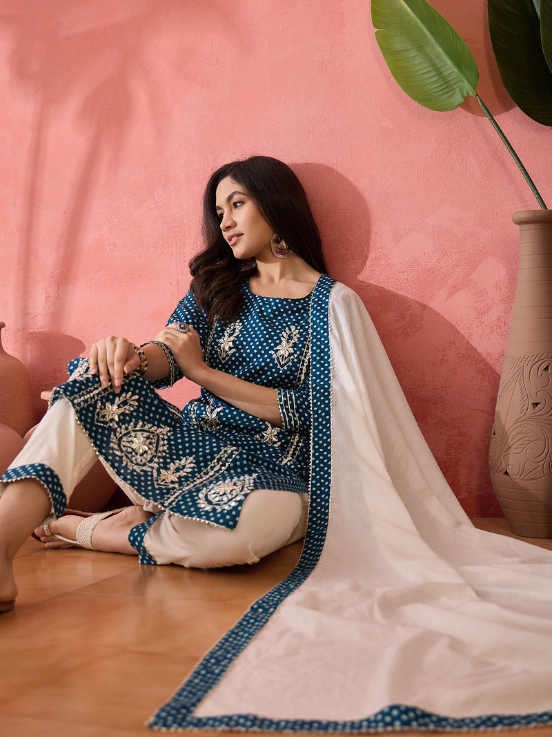 Women Floral Printed Pure Cotton Kurta With Trouser & Dupatta