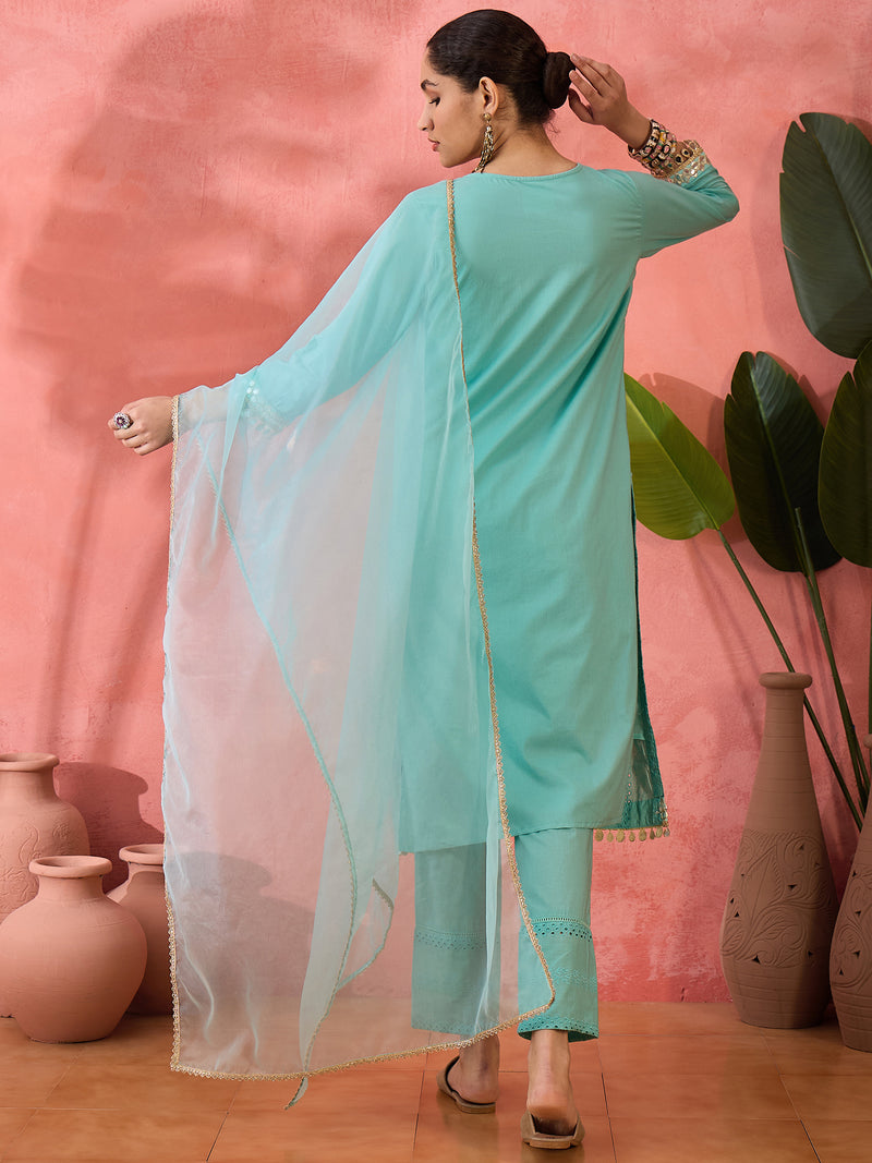 Women Embroidered Straight Kurta With Trouser & Dupatta
