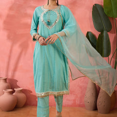 Women Embroidered Straight Kurta With Trouser & Dupatta