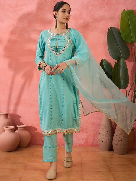 Women Embroidered Straight Kurta With Trouser & Dupatta
