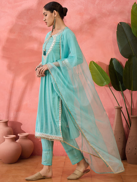 Women Embroidered Straight Kurta With Trouser & Dupatta