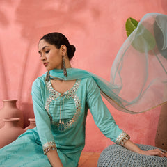 Women Embroidered Straight Kurta With Trouser & Dupatta