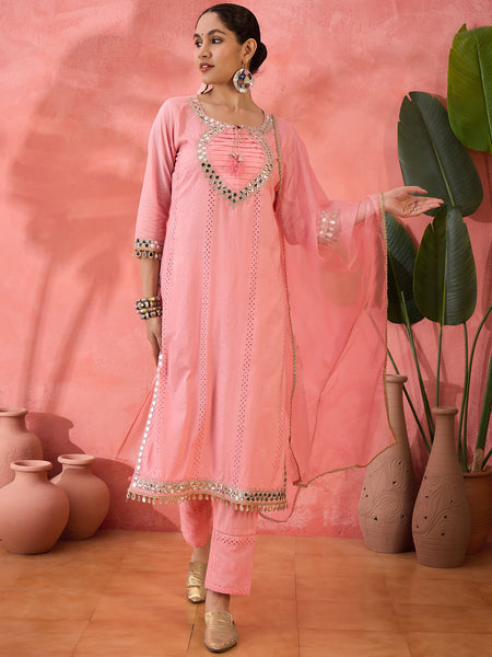 Floral Yoke Design  Pure Cotton Straight Kurta With Trouser And Dupatta