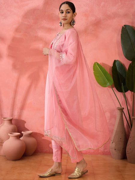 Floral Yoke Design  Pure Cotton Straight Kurta With Trouser And Dupatta