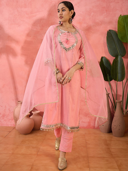 Floral Yoke Design  Pure Cotton Straight Kurta With Trouser And Dupatta
