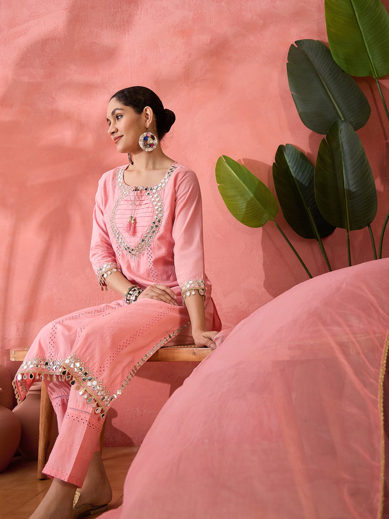 Floral Yoke Design  Pure Cotton Straight Kurta With Trouser And Dupatta