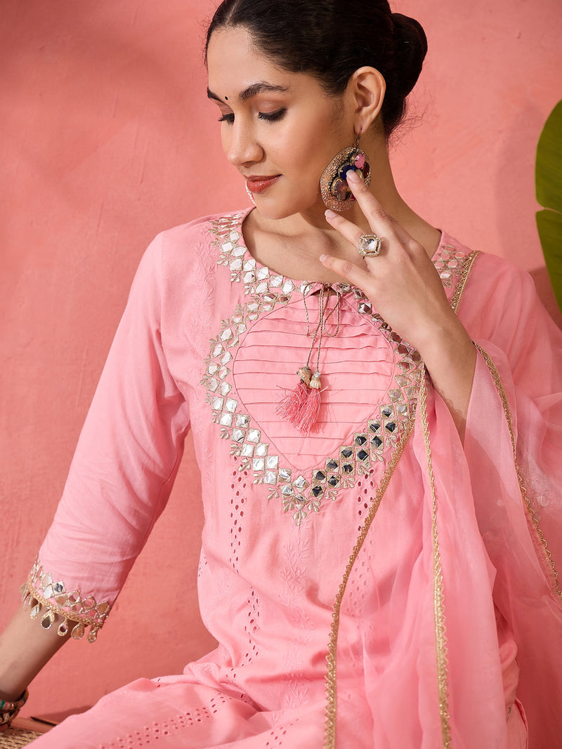Floral Yoke Design  Pure Cotton Straight Kurta With Trouser And Dupatta