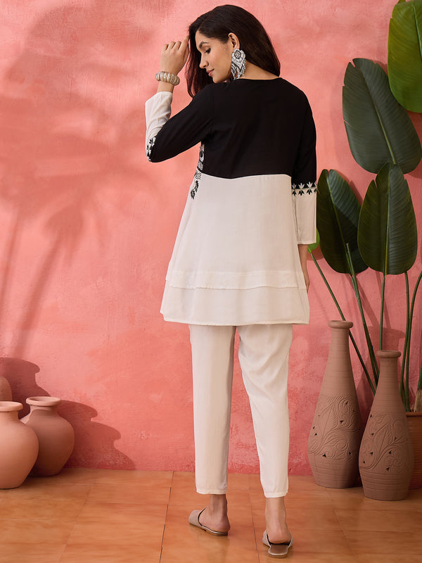 Off White & Black Embroidered Tunic With Trouser Co-Ords set