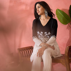 Off White & Black Embroidered Tunic With Trouser Co-Ords set