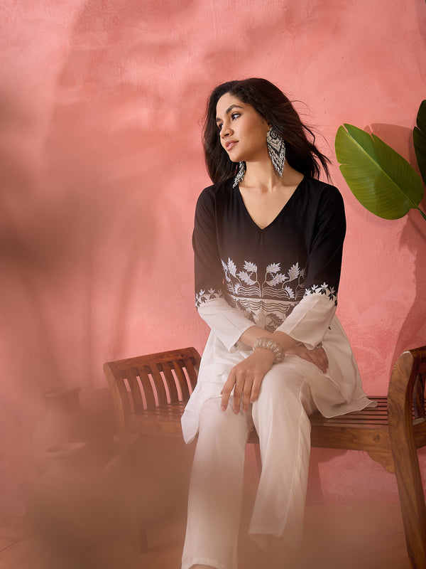 Off White & Black Embroidered Tunic With Trouser Co-Ords set