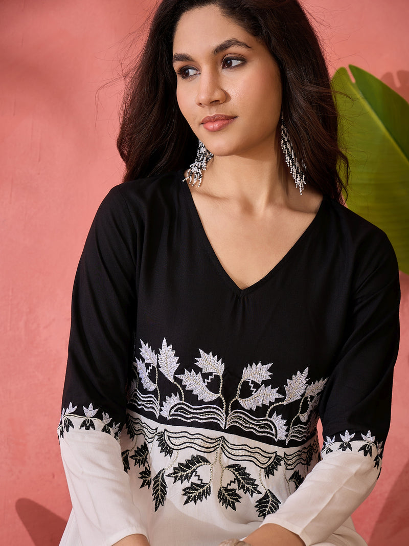 Off White & Black Embroidered Tunic With Trouser Co-Ords set