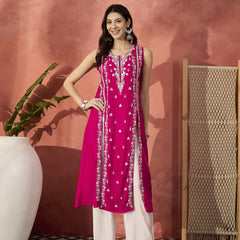 Embroidered Front Cut Straight Kurta With Trousers