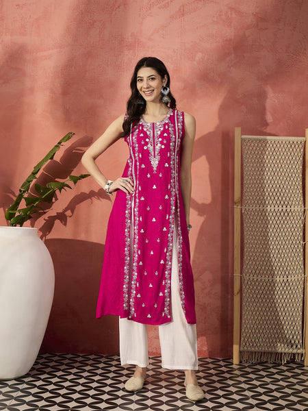 Embroidered Front Cut Straight Kurta With Trousers